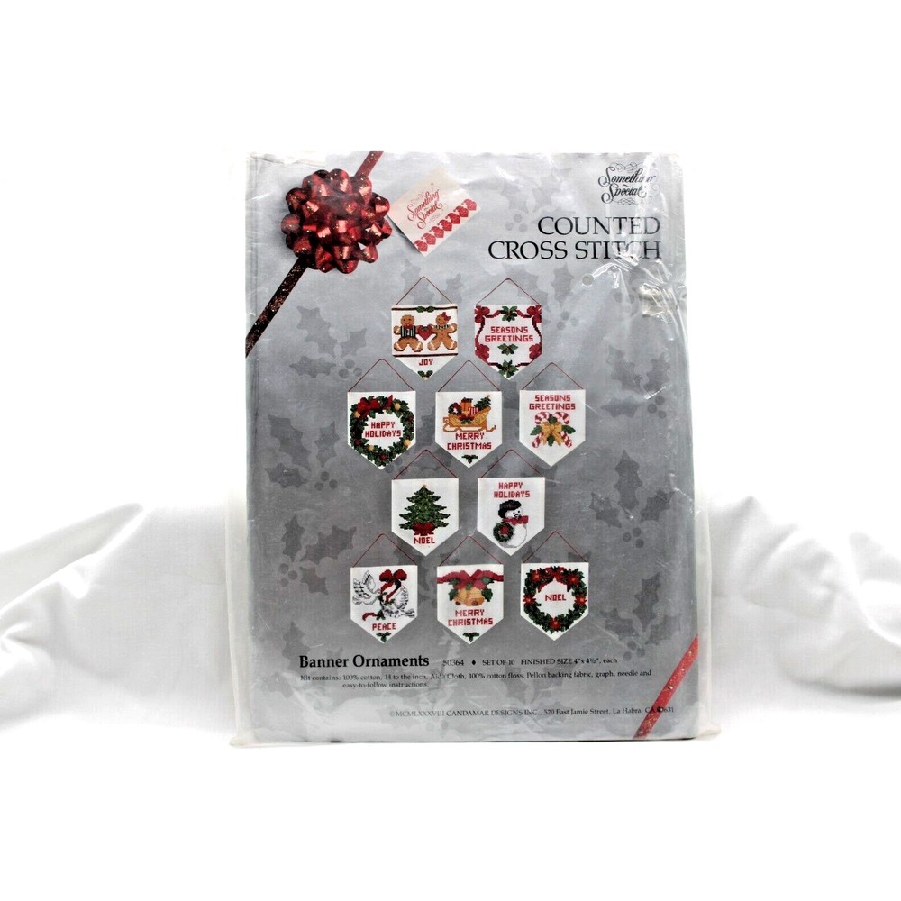 VTG Christmas BANNER ORNAMENTS Cross Stitch Kit Something Special‎ Set of 10 NEW